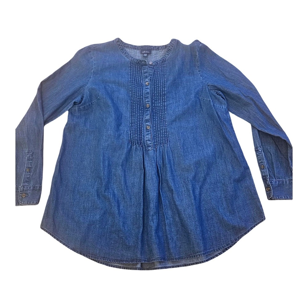 J. Jill Denim Women Blue Pintuck Button Front Long Sleeve Blouse Size M